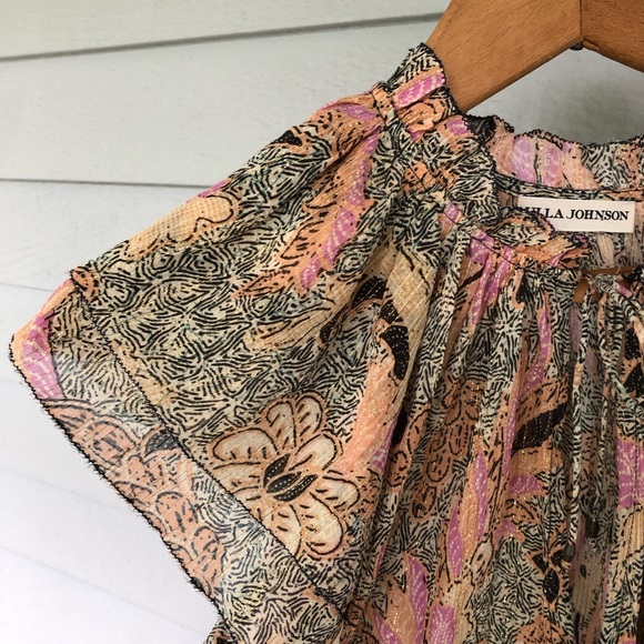 Ulla Johnson Silk Blouse Floral Ruffle Flutter Sleeve Lurex Ida US 4 - Picture 4 of 9